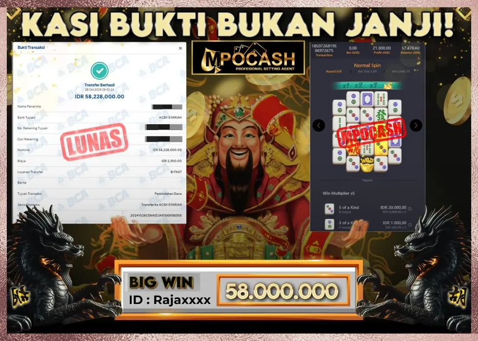 MPOCASH JACKPOT SLOT MAHJONG 2 Rp 58.228.000 - LUNAS!!!